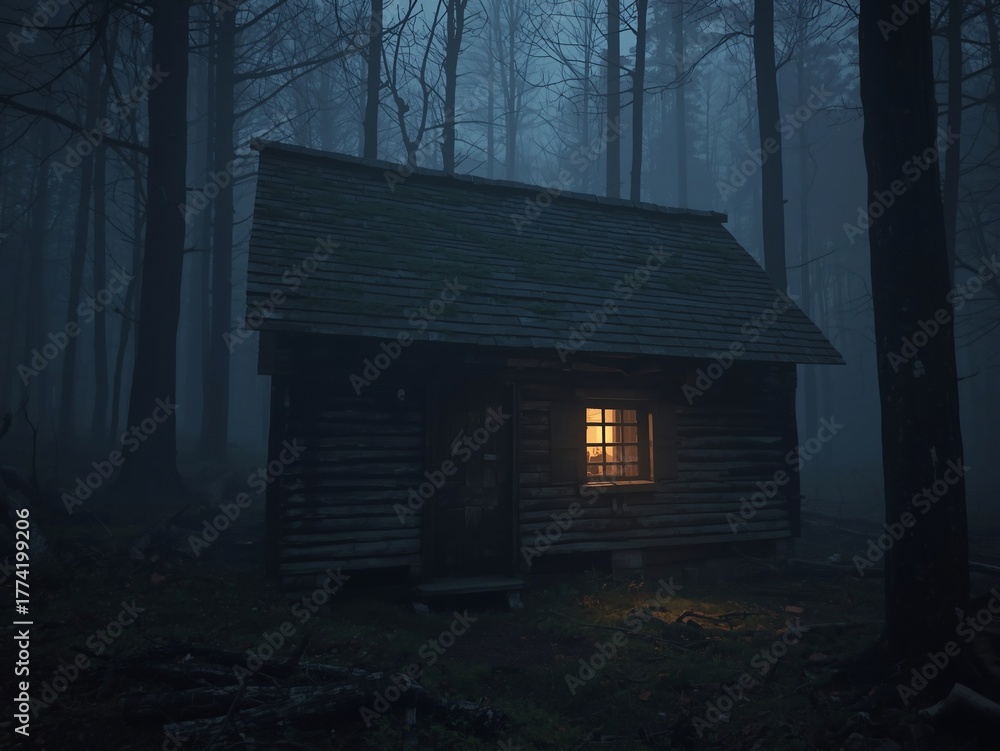 Obraz premium A small wooden cabin emits warm light through thick fog in the dark forest. The cinematic scene feels eerie, mysterious, and hauntingly calm.