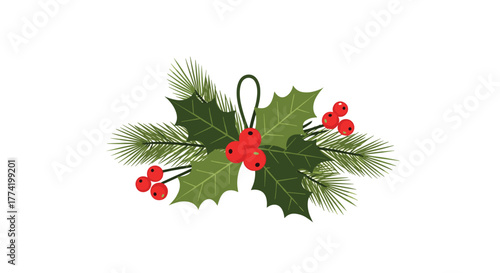 A festive illustration of a Christmas holly sprig with vibrant red berries and green pine needles, perfect for holiday designs.
