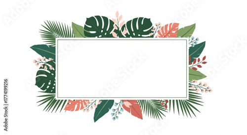 Elegant tropical floral border featuring monstera leaves, palm fronds, and delicate flowers on a clean white background.