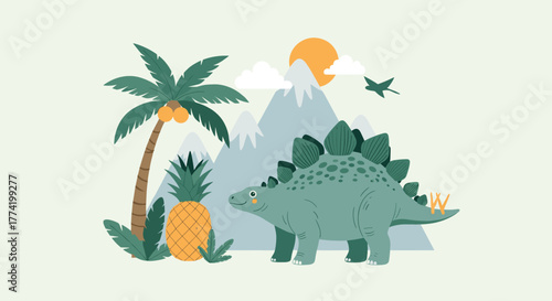 Adorable cartoon dinosaur with tropical fruits and mountains in a soft, sunny, natural landscape.