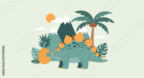 Cute cartoon Stegosaurus dinosaur holding a pineapple in a vibrant tropical landscape with mountains, palm trees, and a sunny sky.