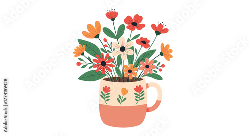 A cheerful illustration of a vibrant bouquet of various colorful flowers, including red, orange, and cream, beautifully arranged in a decorative patterned mug.