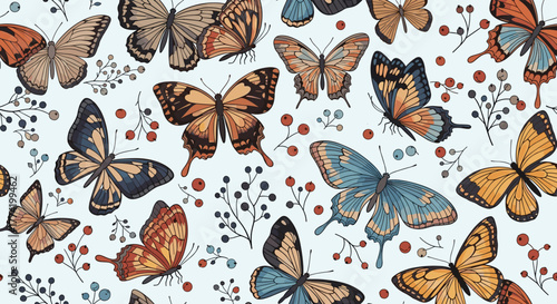 Seamless pattern with watercolor-style butterflies in shades of blue, orange, and brown, adorned with delicate branches and berries on a light background.