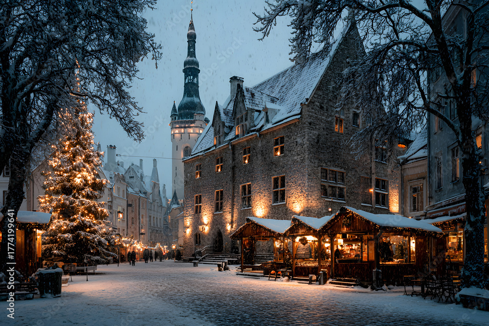 Fototapeta premium christmas market at tallinn old town hall square