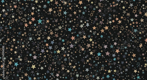 A decorative background featuring a random pattern of various colorful stars, including solid and outline shapes, against a dark black canvas.