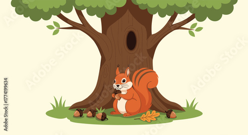 A cute squirrel sits under a tree, holding an acorn, with other acorns and a leaf on the grass.