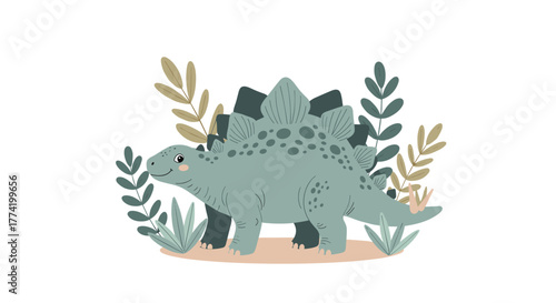 A cute and friendly cartoon stegosaurus with prominent plates and a dotted back stands among leafy plants in a cheerful illustration.
