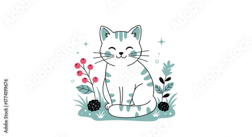 A cute white striped cat with a happy expression sits in a garden surrounded by berries and plants, rendered in a charming cartoon style.