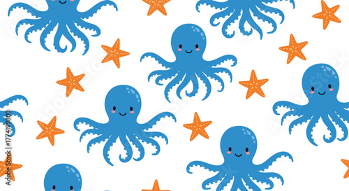 A delightful seamless pattern of cheerful blue octopuses and vibrant orange starfish on a clean white background, perfect for a charming undersea theme.