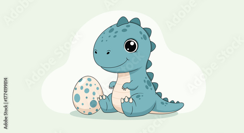 Adorable baby blue dinosaur with big expressive eyes sitting next to a spotted egg, set against a soft, light green background illustration.