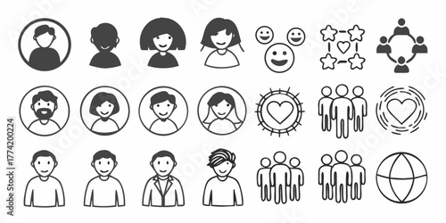 Illustration showing diverse group of people icons and social connections in a simple doodle style design