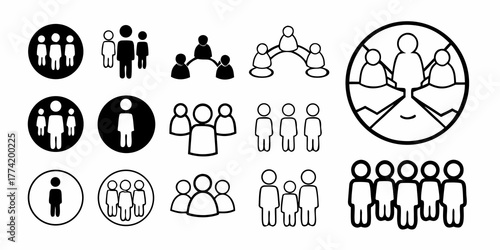 Illustration of various people group icons showing different team and organization structures and sizes