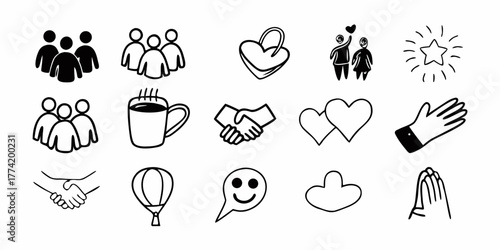 Collection of doodle style illustrations featuring people, love, and various everyday objects design elements