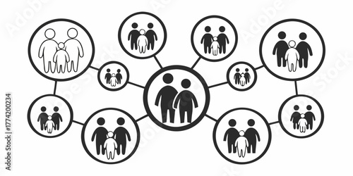Illustration of a network of families connected by lines in a circular diagram arrangement style