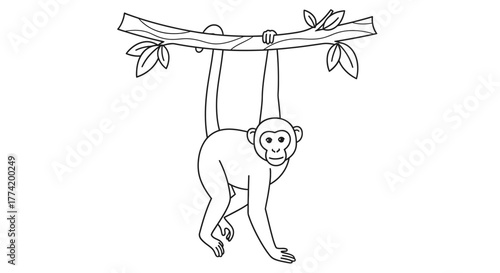 Whimsical monkey outline dangling playfully from a tree branch with simple leaf accents showing