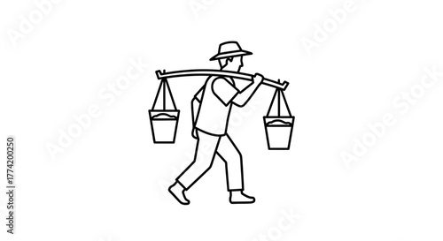 Minimalistic line art depicting a traditional vendor carrying buckets using a shoulder pole