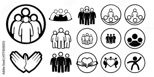 Collection of simple black and white icons depicting groups of people and hands in various configurations