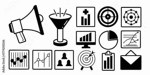 Collection of marketing and business icons including charts, graphs, and a megaphone illustration