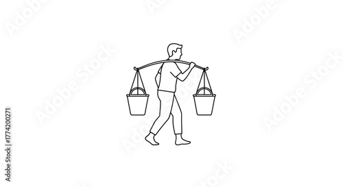 Minimalist line drawing depicting a man carrying buckets with a shoulder pole balance