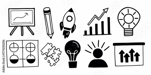 Illustration of business and creative elements including graphs rocket lightbulbs and more hand drawn style