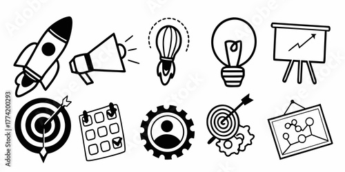 Doodle style icons representing startup business elements in black and white illustration style