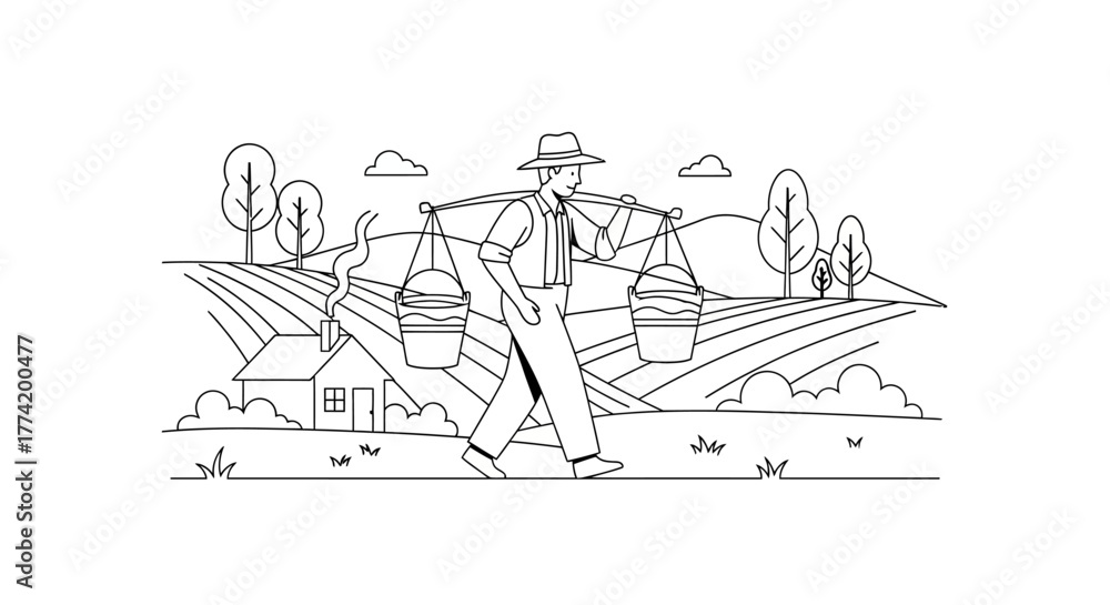 Obraz premium Vintage rural scene depicting a farmer carrying buckets of water across a picturesque landscape