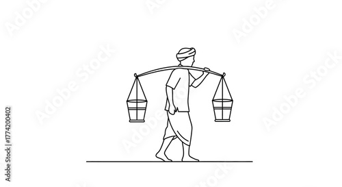 Minimalist illustration of a traditional water carrier with yoke on a white background delivering