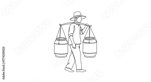 Minimalist Line Art Depiction of Traditional Farmer Carrying Water Containers with Shoulder Pole