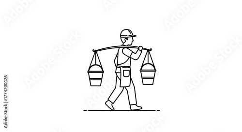 Line drawing of manual worker carrying buckets hanging from a shoulder pole for construction tasks
