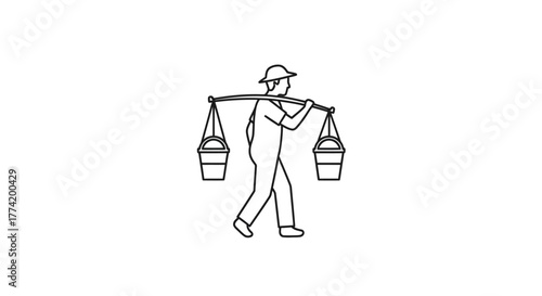 Illustration of a water carrier with pails balanced on a shoulder pole symbolizing hard work