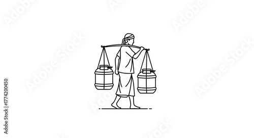 Minimalist line art illustration of a woman carrying containers on her shoulders for distribution