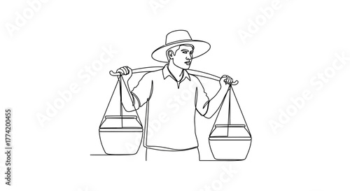 Line art illustration featuring a porter carrying buckets using a shoulder pole technique