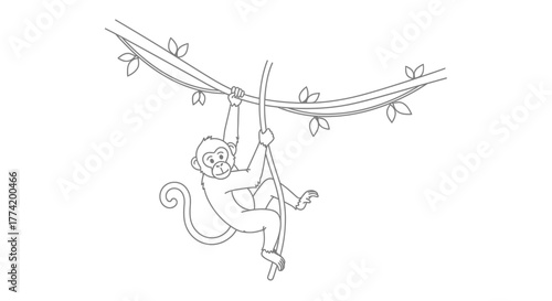 Playful monkey swinging on a vine illustration offering vector design element for jungle themed