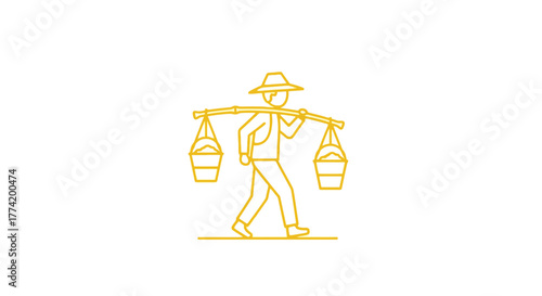 Minimalist illustration of a farmer carrying buckets on a yoke in golden outline