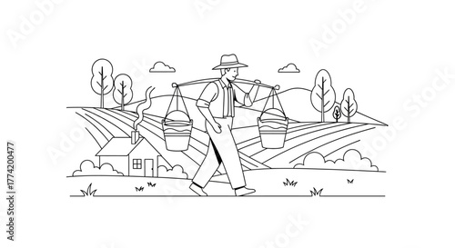 Vintage rural scene depicting a farmer carrying buckets of water across a picturesque landscape