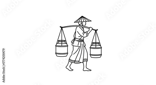 Silhouette illustration of a farmer with conical hat carrying a shoulder pole loaded with milk cans