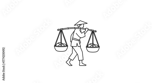 Monochrome depiction of a person carrying baskets on a shoulder pole with detailed outline drawing