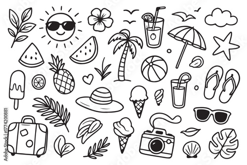 Hand drawn summer doodles, beach party, vacation and travel doodle elements. Tropical leaves, fruits and cocktails sketches, cute summertime line stickers vector set