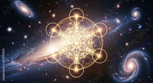 Metatrons Cube Geometry floating over a cosmic Nebula universe backdrop