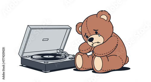 Melancholic melody: A sad teddy bear listening to a vintage vinyl record player alone and