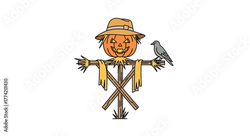 Whimsical scarecrow with jack-o'-lantern head and perched crow evoking autumn harvest season