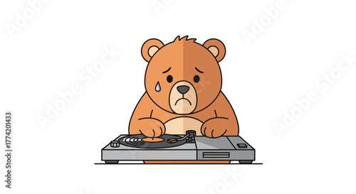Heartbroken cartoon bear DJ spinning vinyl records on a vintage turntable mixer