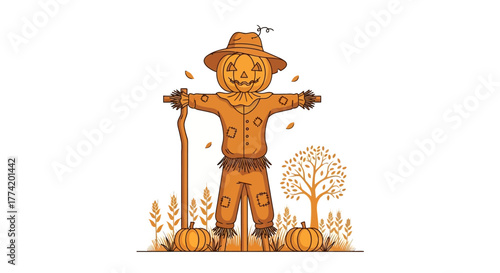 Whimsical autumn scene with scarecrow pumpkin, a charming seasonal design showcasing the essence