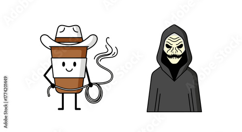 Cartoon showdown: A cowboy coffee cup versus a menacing grim reaper figure face off isolated graphic