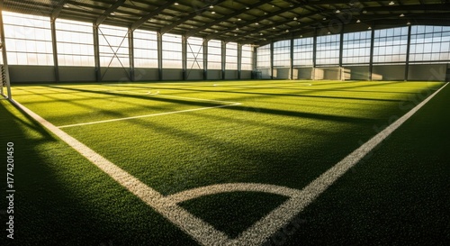 Sunlight streams into an empty indoor soccer field creating dramatic shadows on the turf