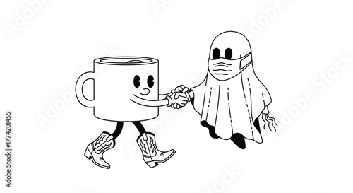 Cartoon coffee mug wearing cowboy boots shaking hands with a masked ghost character