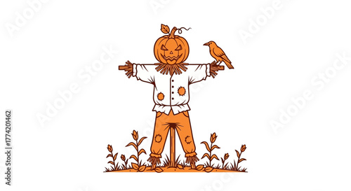 Whimsical autumn illustration of a scarecrow with pumpkin head and perched bird smiling