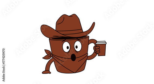 Cartoon Coffee Cup Cowboy Expressing Surprise while Holding Another Cup of Coffee