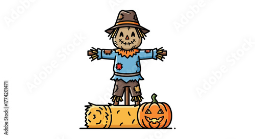 Festive halloween scarecrow illustration with pumpkin and hay bale depiction