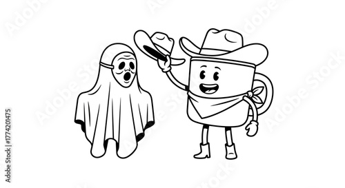 Cartoon depiction of a friendly cowboy mug tipping his hat to a surprised ghost